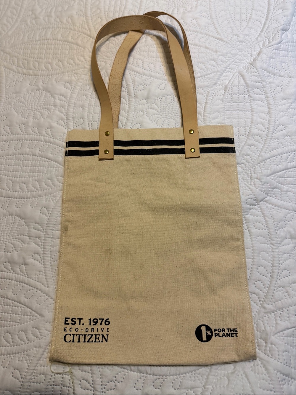 Citizen Natural Canvas Tote with Black Stripe and Tan Straps NWT